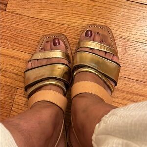Elizabeth and James Gold and Tan Slide Sandals